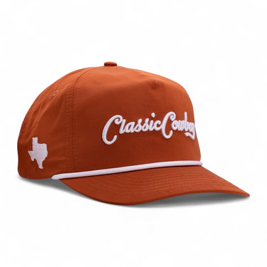 Classic Cowboy The Bevo burnt orange western roper with white accents, front view.