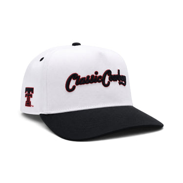 Classic Cowboy The Broadway officially licensed Texas Tech white and black snapback, angled view.