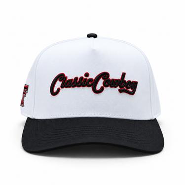 Classic Cowboy The Broadway Texas Tech snapback with black and red script embroidery, front view.