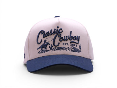 Classic Cowboy The Frontier snapback hat, close-up front view of embroidery.