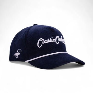 Classic Cowboy The Home Team navy corduroy western cap with white rope and cowboy logo.