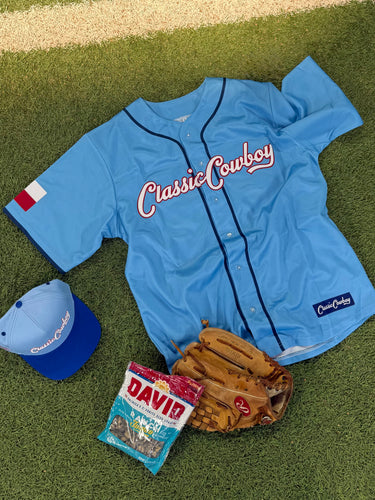 Classic Cowboy x Rangers powder blue baseball jersey with stitched Classic Cowboy script, front view.