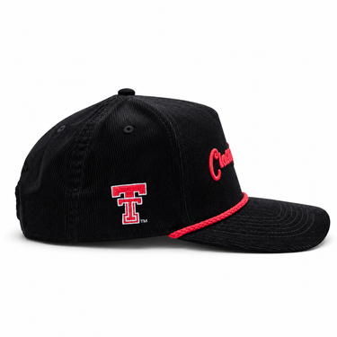 Classic Cowboy The Llano Texas Tech black corduroy roper snapback, side view of the Double T logo.