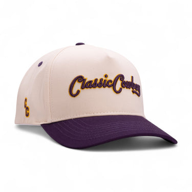 Classic Cowboy The Luka off-white western snapback with purple bill and gold embroidery.