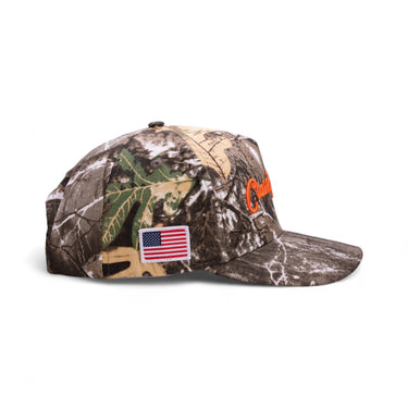 The Marksman camo and orange western cap, side view.