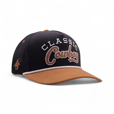 Classic Cowboy The Bandera black and camel suede roper hat, front view.