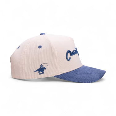 The Ol' Blue cream and blue corduroy cap, side view.