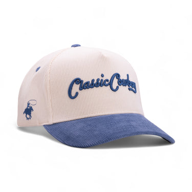 Classic Cowboy The Ol' Blue cream corduroy western cap with blue bill and embroidery.