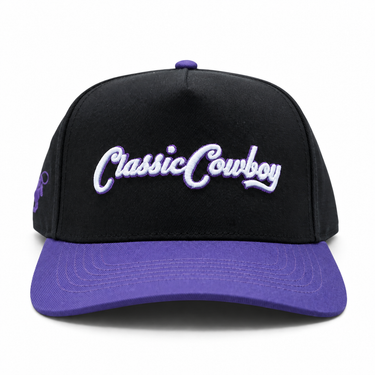 Classic Cowboy The Panther black and purple snapback, front view.
