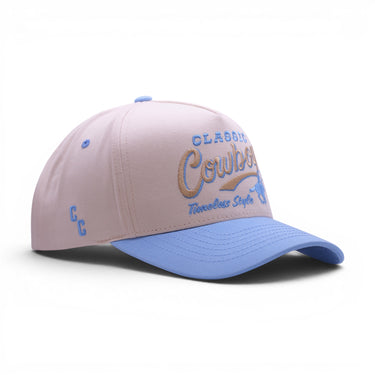 Classic Cowboy The Sedona cream and Carolina blue snapback hat, front view.