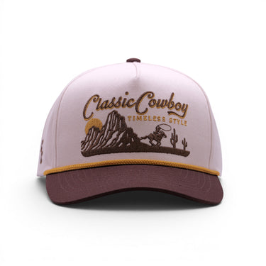 The Sierra western snapback with custom embroidered mountain landscape, front view.
