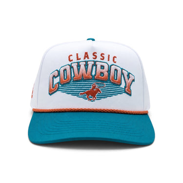 Classic Cowboy The South Beach white and teal roper snapback with orange rope, front view.
