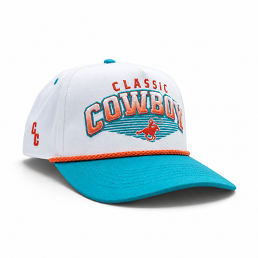 Classic Cowboy The South Beach white and teal roper snapback with orange CC side logo, angled view.