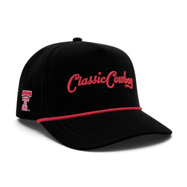 Classic Cowboy The Llano officially licensed Texas Tech black corduroy roper snapback with red rope, angled view.