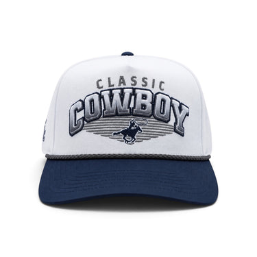 Classic Cowboy The Trinity white and navy roper snapback with gray rope, front view.