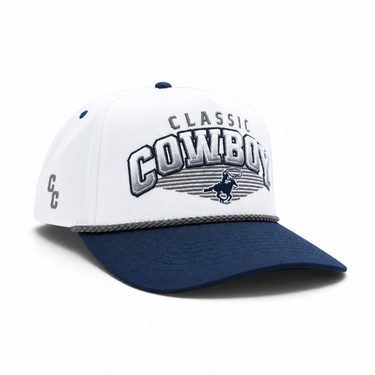 Classic Cowboy The Trinity white and navy roper snapback with gray CC side logo, angled view.