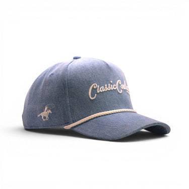 Classic Cowboy The Drifter washed denim-style snapback with cream rope, angled view.