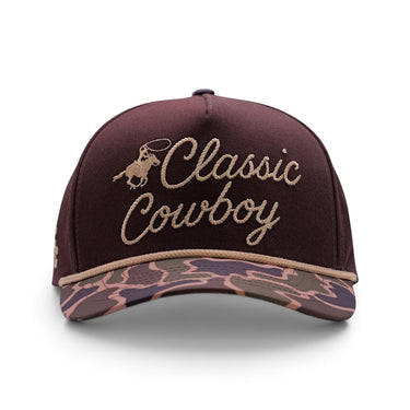 Classic Cowboy The Vaquero brown roper snapback with camo brim and cream rope, front view.