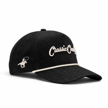 Classic Cowboy The Wingman black denim-style roper snapback with cream rope and cowboy side logo.