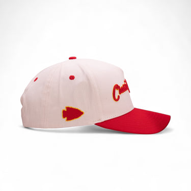 The Arrowhead red and gold KC snapback, side view.