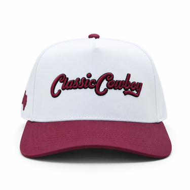 Classic Cowboy The Brazos white and maroon snapback with maroon script embroidery, front view.