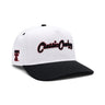 Classic Cowboy The Broadway officially licensed Texas Tech white and black snapback, angled view.