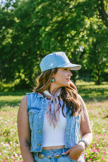 Classic Cowboy The Drifter washed denim blue snapback with cream rope detail, additional view.