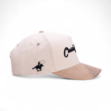 The Cattleman tan corduroy western cap, side view.