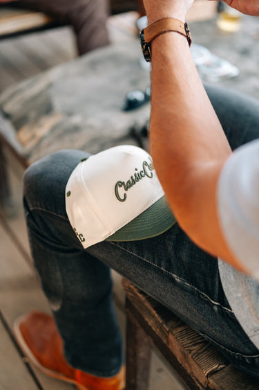 The Pine snapback by Classic Cowboy, angled view.
