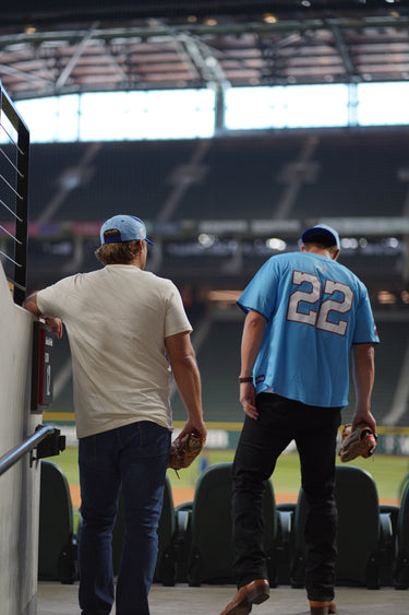 Classic Cowboy powder blue baseball jersey, back view with stitched number.