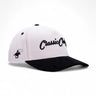 Classic Cowboy The Formal white and black corduroy snapback with raised script embroidery, angled view.