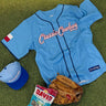 Classic Cowboy x Rangers powder blue baseball jersey with stitched Classic Cowboy script, front view.