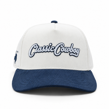 Classic Cowboy The Landry white and navy corduroy snapback with script embroidery, front view.