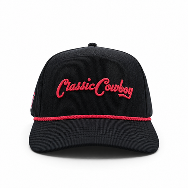 Classic Cowboy The Llano Texas Tech black corduroy roper snapback with red script embroidery, front view.