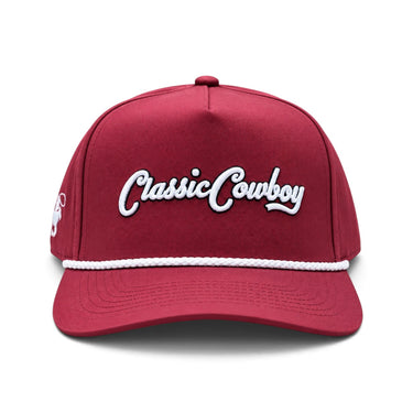 Classic Cowboy The Norman crimson roper snapback with white script embroidery, front view.