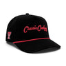Classic Cowboy The Llano officially licensed Texas Tech black corduroy roper snapback with red rope, angled view.