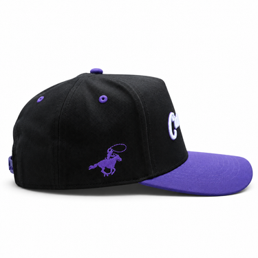 Classic Cowboy The Panther black and purple snapback, side view of the purple cowboy logo.