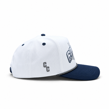 Classic Cowboy The Trinity white and navy roper snapback, side view of the CC logo.