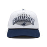 Classic Cowboy The Trinity white and navy roper snapback with gray rope, front view.