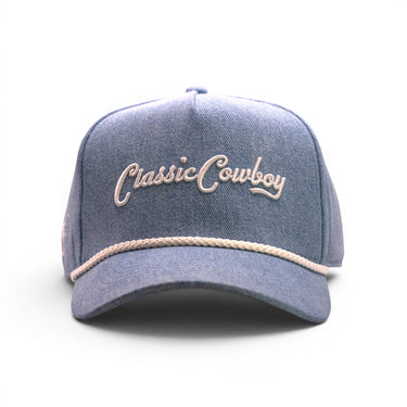 Classic Cowboy The Drifter washed denim-style snapback with cream script embroidery, front view.