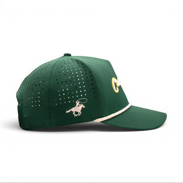 Classic Cowboy The Birdie fairway green performance golf hat, side view of the perforated panels and cowboy logo.