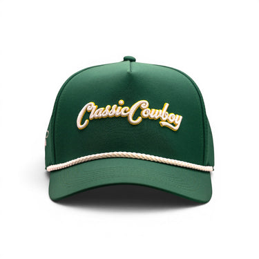 Classic Cowboy The Birdie fairway green performance golf hat with gold-outlined script embroidery, front view.