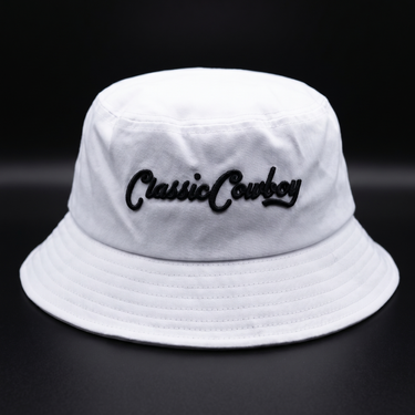 Classic Cowboy western bucket hat in black and white, on display.
