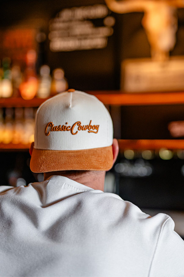 The Dram corduroy snapback by Classic Cowboy, angled view.