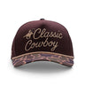 Classic Cowboy The Vaquero brown roper snapback with camo brim and cream rope, front view.